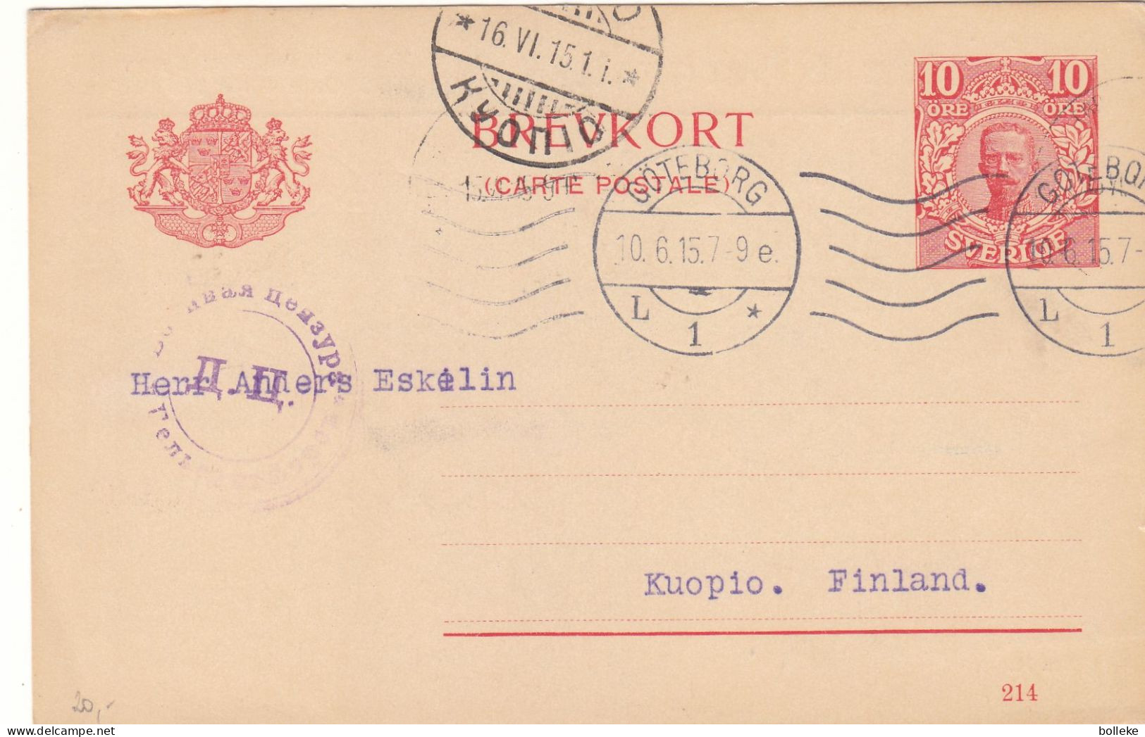 Suède - Carte Postale De 1915 - Entier Postal - Oblit Göteborg - Exp Vers Kuopio - - Lettres & Documents