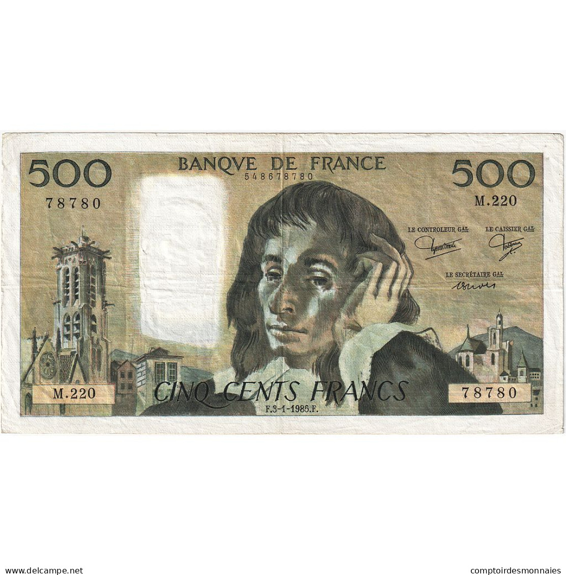 France, 500 Francs, Pascal, 1985, M.220, TTB+, Fayette:71.32, KM:156e - 500 F 1968-1993 ''Pascal''