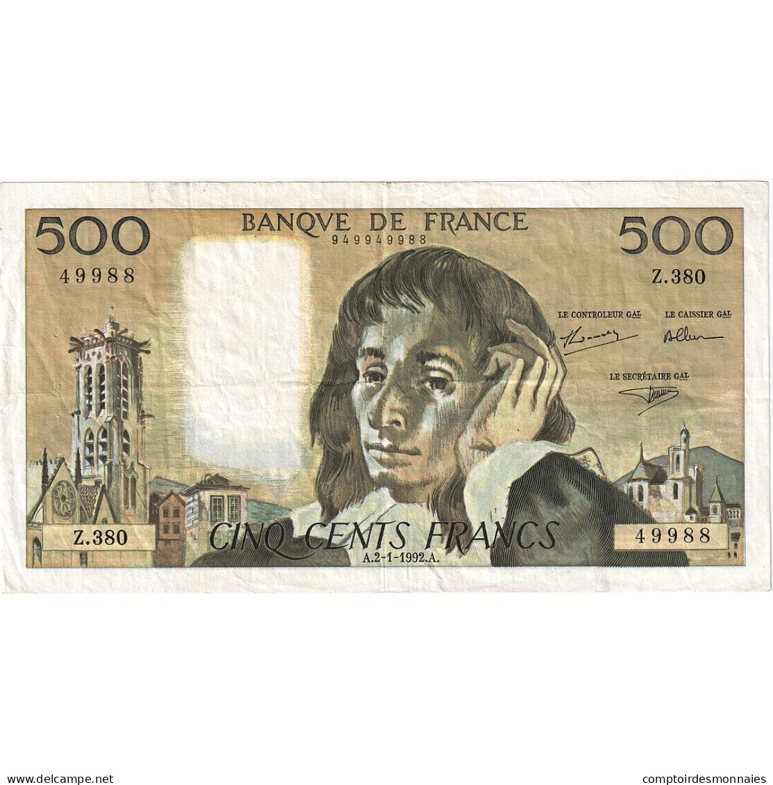 France, 500 Francs, Pascal, 1992, Z.380, TTB+, Fayette:71.49, KM:156i - 500 F 1968-1993 ''Pascal''