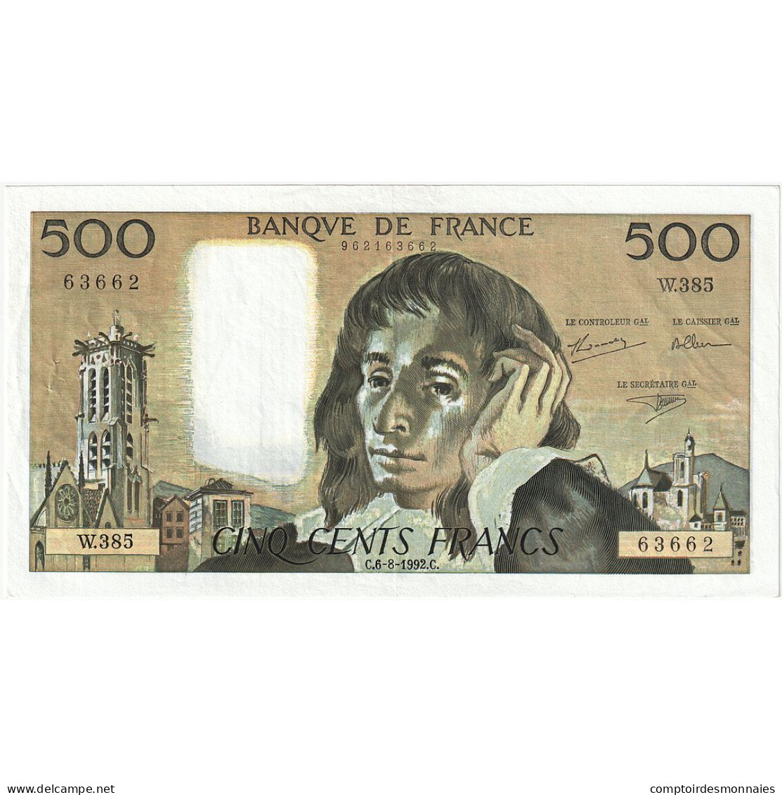 France, 500 Francs, Pascal, 1992, W.385, TTB+, Fayette:71.50, KM:156i - 500 F 1968-1993 ''Pascal''