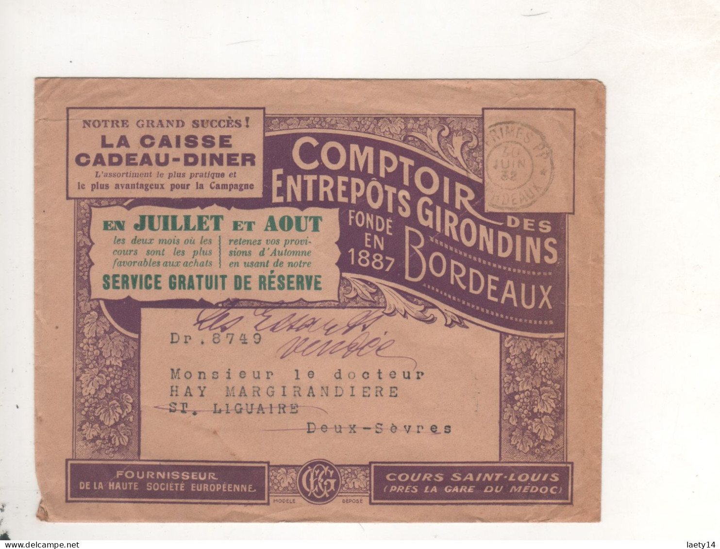 LETTRE PUB BORDEAUX Comptoir Des Entrepots Girondins Cachet Imprimes PP - Cartas & Documentos