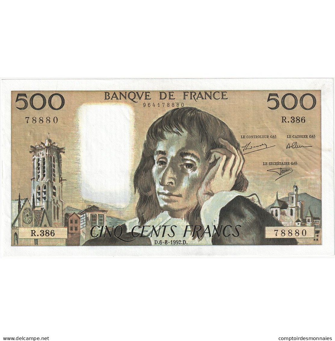 France, 500 Francs, Pascal, 1992, R.386, SUP+, Fayette:71.50, KM:156i - 500 F 1968-1993 ''Pascal''