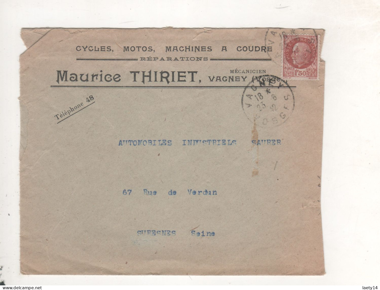 LETTRE PUB  Vagney Cycles Motos Maurice Thiriet - Lettres & Documents