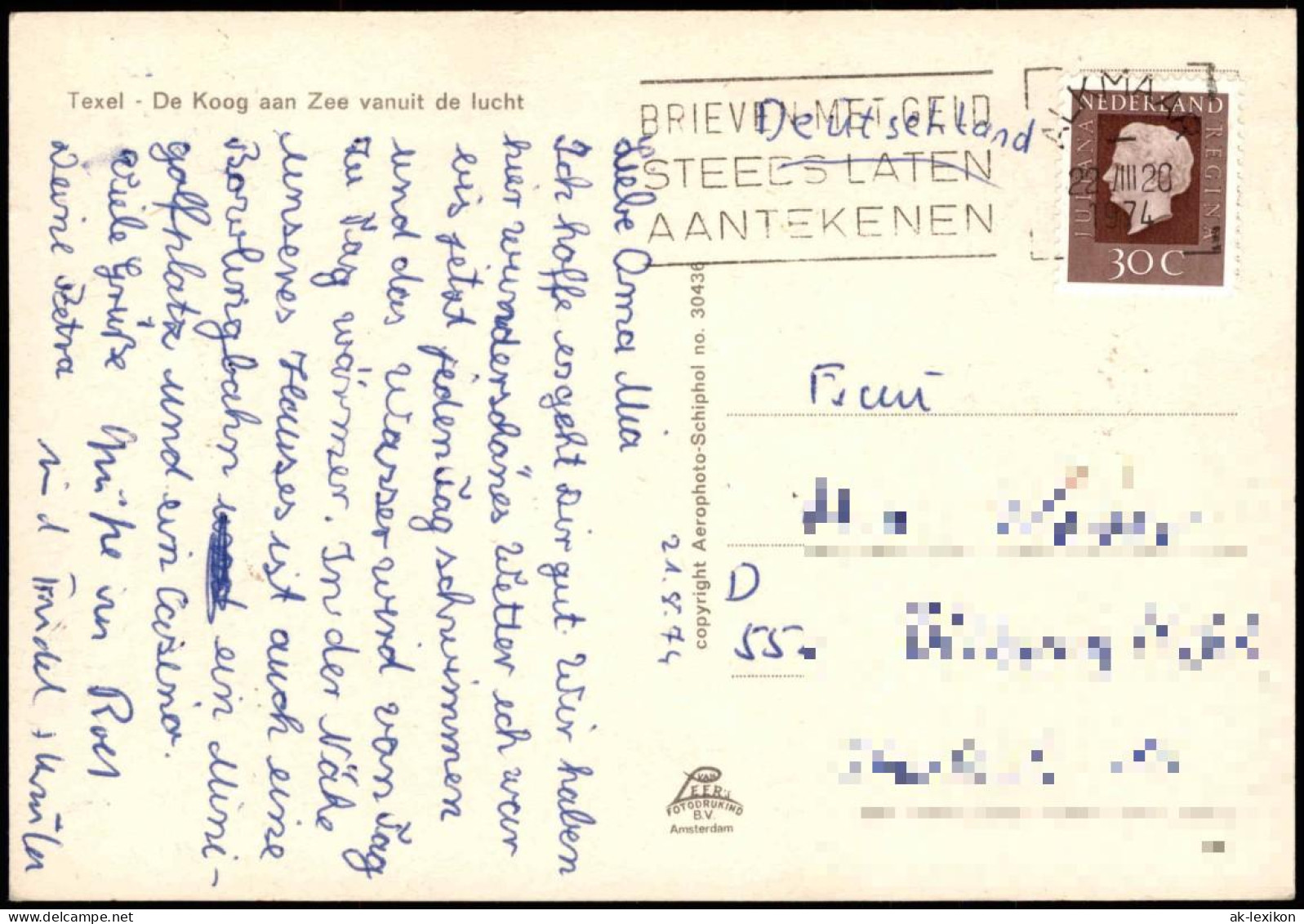 Postkaart Texel Luftaufnahme Strand, De Koog Aan Zee Vanuit De Lucht 1974 - Texel