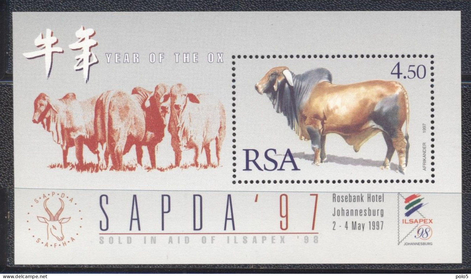RSA 1997- National Stamp Exhibition "SAPDA '97"- Johannesburg Chineese New Year -Year Of The Ox S/S - Ungebraucht