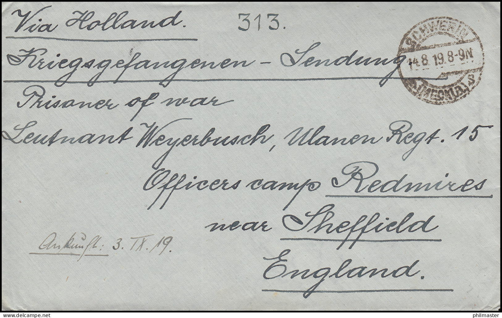 Kriegsgefangenensendung SCHWERIN 14.8.1919 An Ein Offizierslager Bei Sherffield - Feldpost (franchigia Postale)