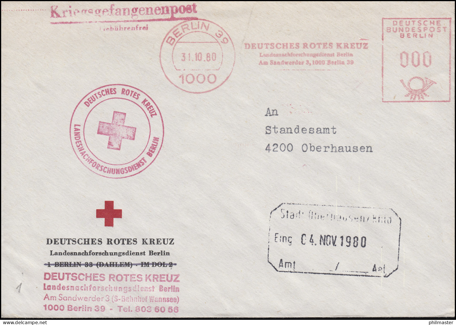 Kriegsgefangenenpost Absendefreistempel Deutsches Rotes Kreuz BERLIN 31.01.1980 - Courriers De Prisonniers