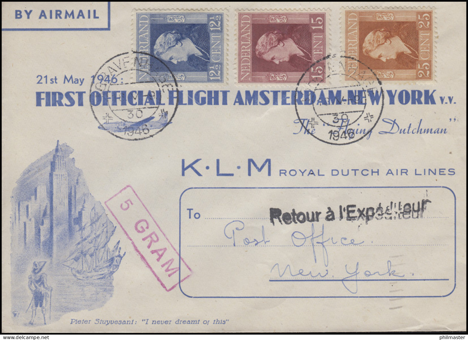 Erstflug K.L.M Amsterdam-New York 21.5.46 Flying Dutchman, S'GRAVENHAGE - Poste Aérienne