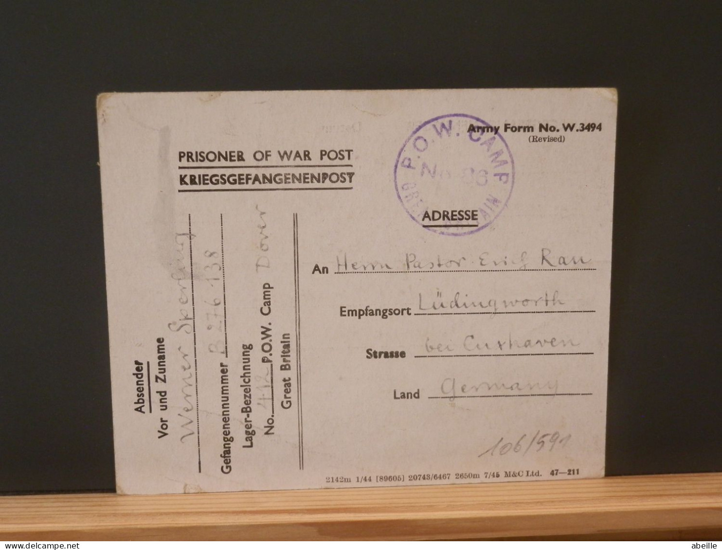 106/591 KRIEGSGEFANGENENPOST MIT INHALT  1946 - Prisoners Of War Mail