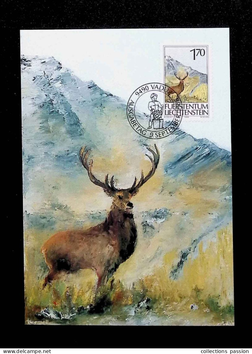 CL, FDC, Carte Maximum, Liechtenstein, Ausgabetag, Vaduz, 9 Septembre 1986, Cerf En Rut Dans La Lawena - Maximum Cards