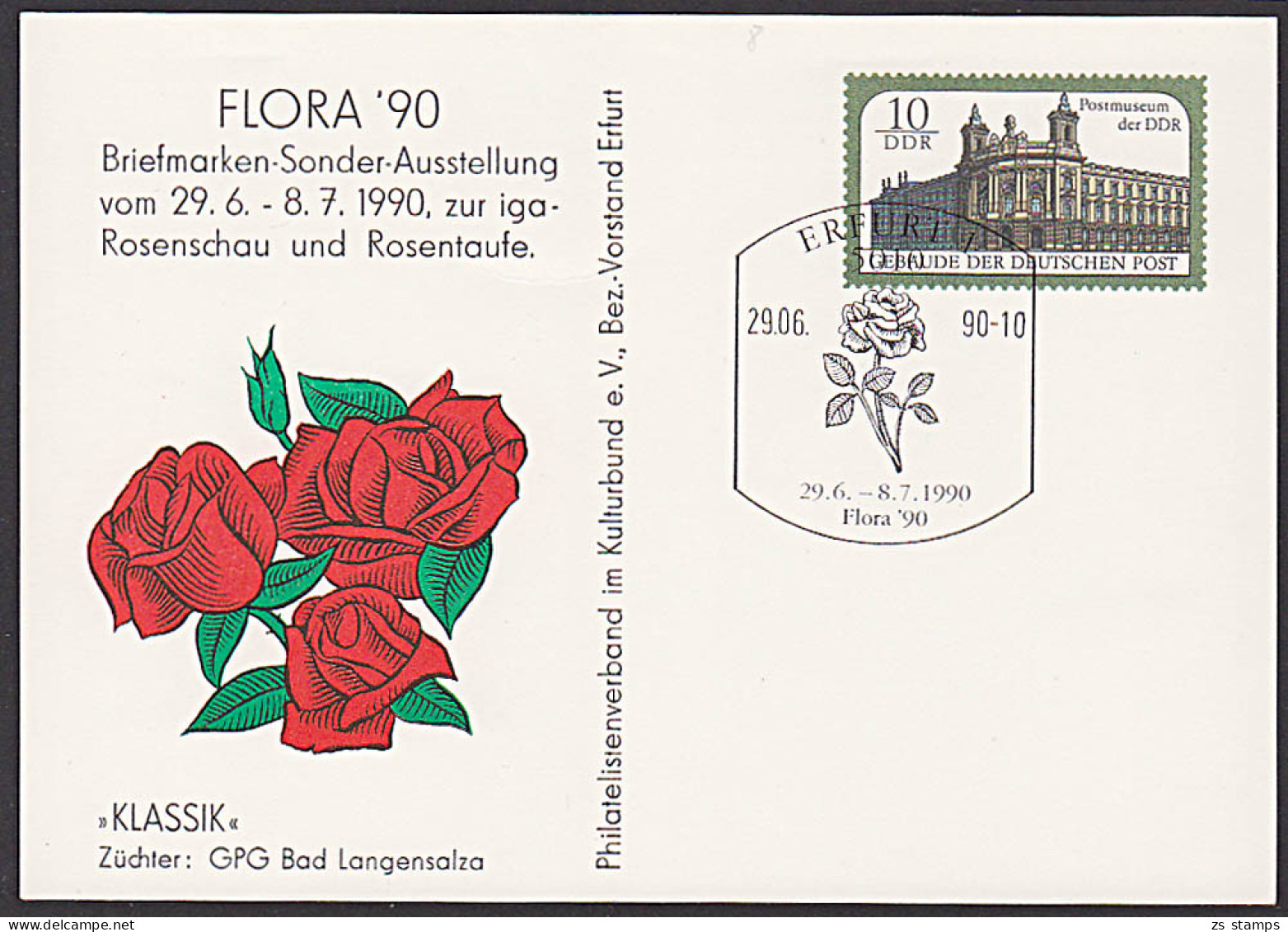 Erfurt FLORA `90 Rosenschau Rosentaufe Klassik Der GPG Bad Langensalza Privat-GA Der DDR 1990 Mit SSt. - Cartes Postales Privées - Oblitérées