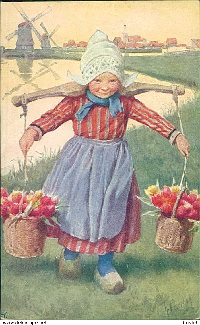 FEIERTAG SIGNED 1910s POSTCARD -  DUTCH GIRL & FLOWERS - EDIT B.K.W.I. - 158/1 (5421) - Feiertag, Karl