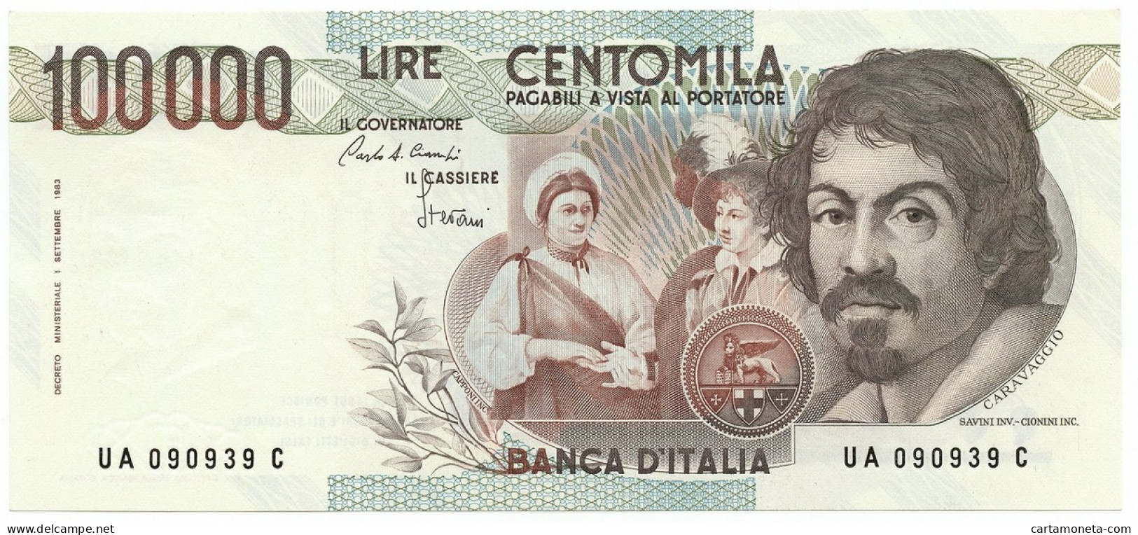 100000 LIRE BANCA D'ITALIA CARAVAGGIO I TIPO LETTERA A 25/10/1983 SUP - Sonstige & Ohne Zuordnung