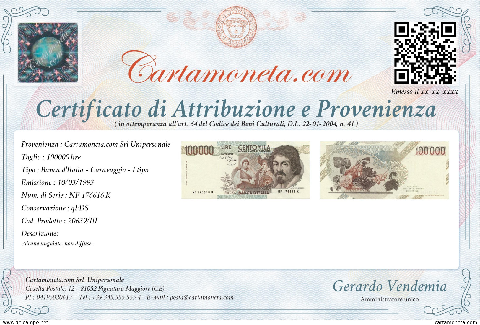 100000 LIRE BANCA D'ITALIA CARAVAGGIO I TIPO LETTERA F 10/03/1993 QFDS - Otros & Sin Clasificación