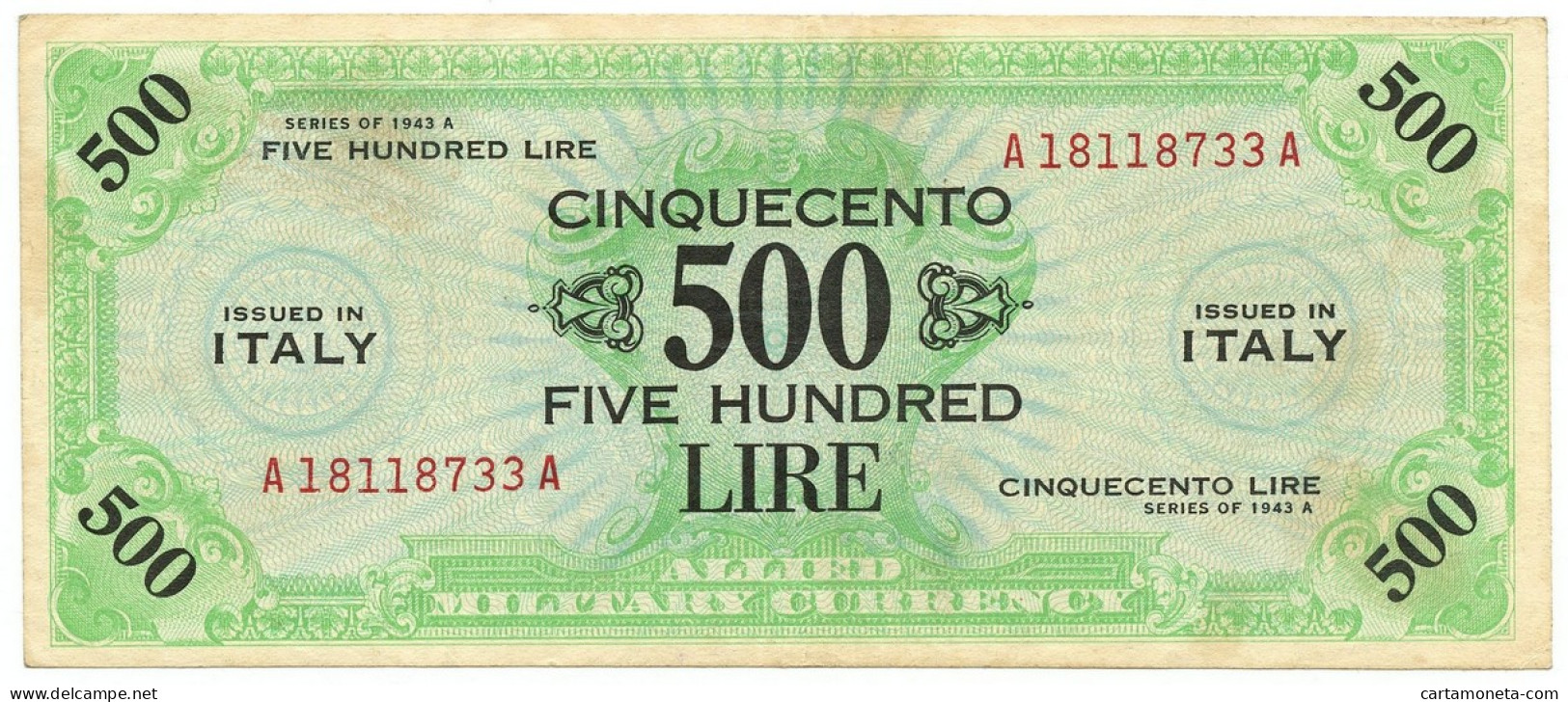 500 LIRE OCCUPAZIONE AMERICANA IN ITALIA BILINGUE FLC A-A 1943 A BB - Occupazione Alleata Seconda Guerra Mondiale