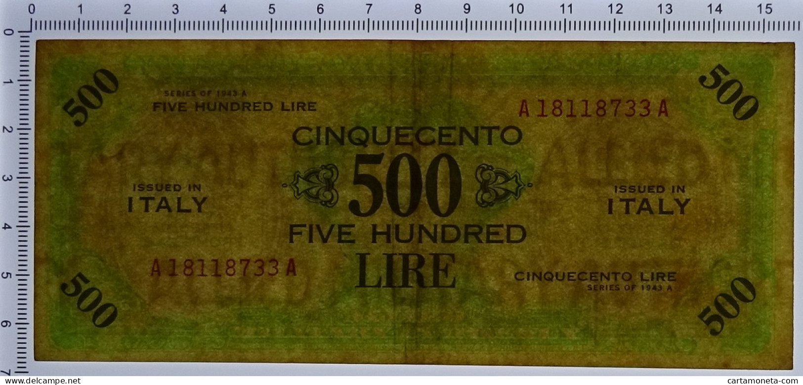 500 LIRE OCCUPAZIONE AMERICANA IN ITALIA BILINGUE FLC A-A 1943 A BB - Occupazione Alleata Seconda Guerra Mondiale