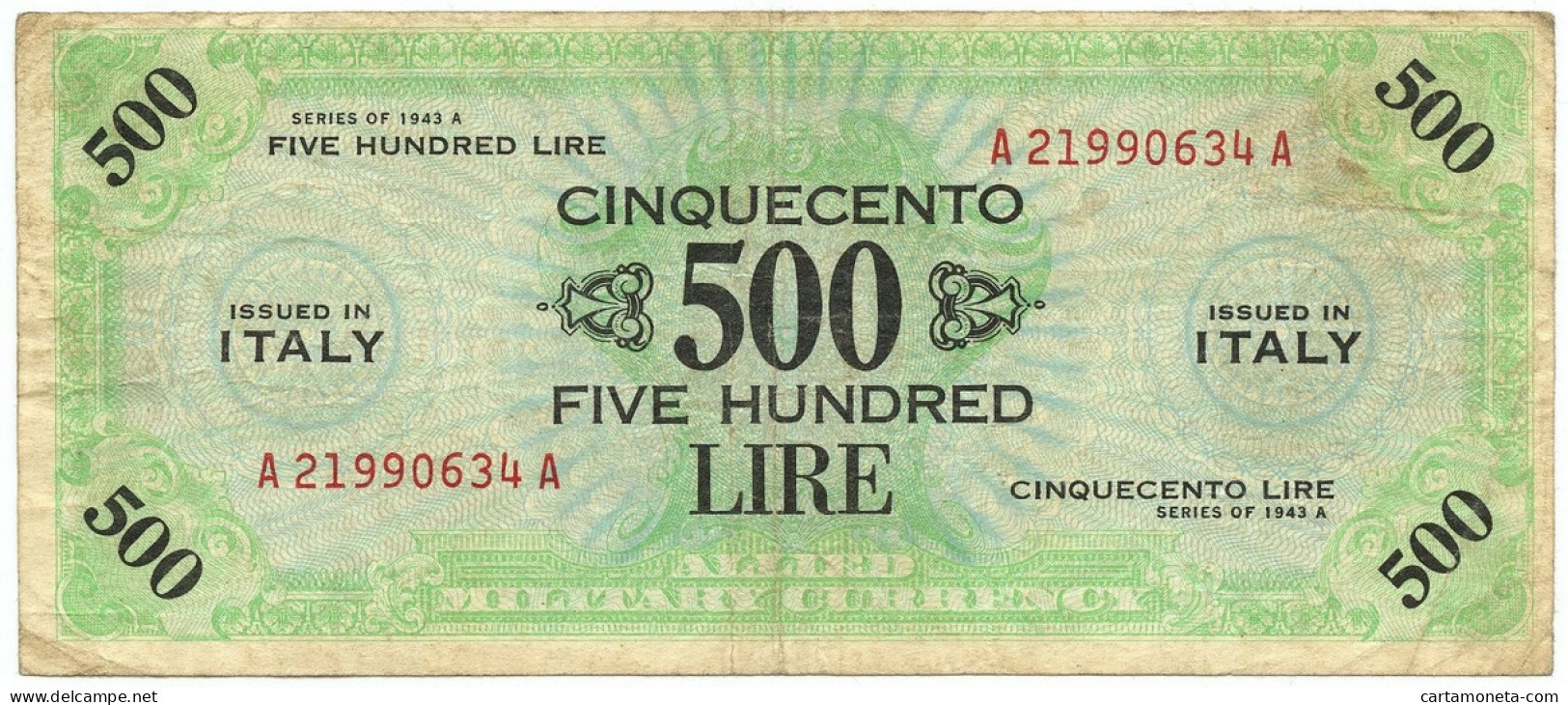 500 LIRE OCCUPAZIONE AMERICANA IN ITALIA BILINGUE FLC A-A 1943 A BB- - Occupazione Alleata Seconda Guerra Mondiale