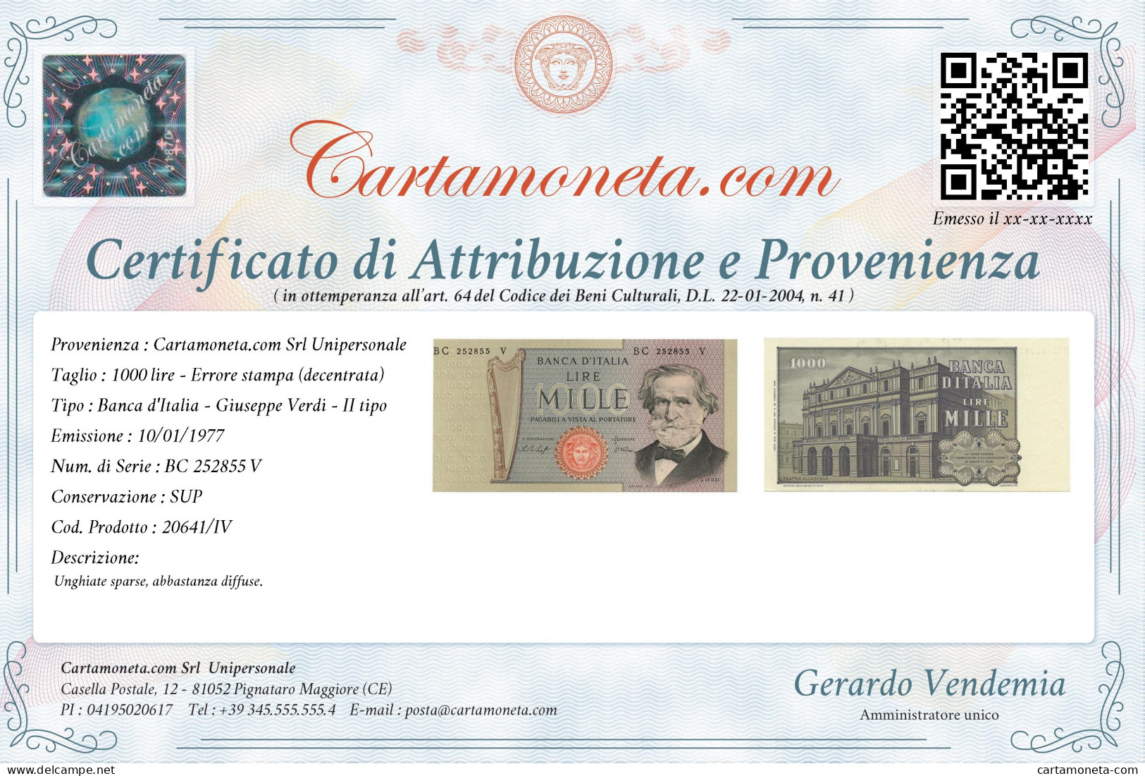 1000 LIRE ERRORE DI STAMPA DECENTRATA GIUSEPPE VERDI II TIPO 10/01/1977 SUP - Autres & Non Classés