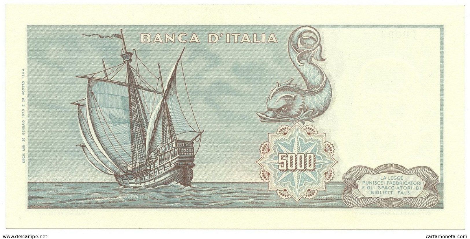 5000 LIRE CRISTOFORO COLOMBO I TIPO MEDUSA 20/01/1970 SUP- - Sonstige & Ohne Zuordnung