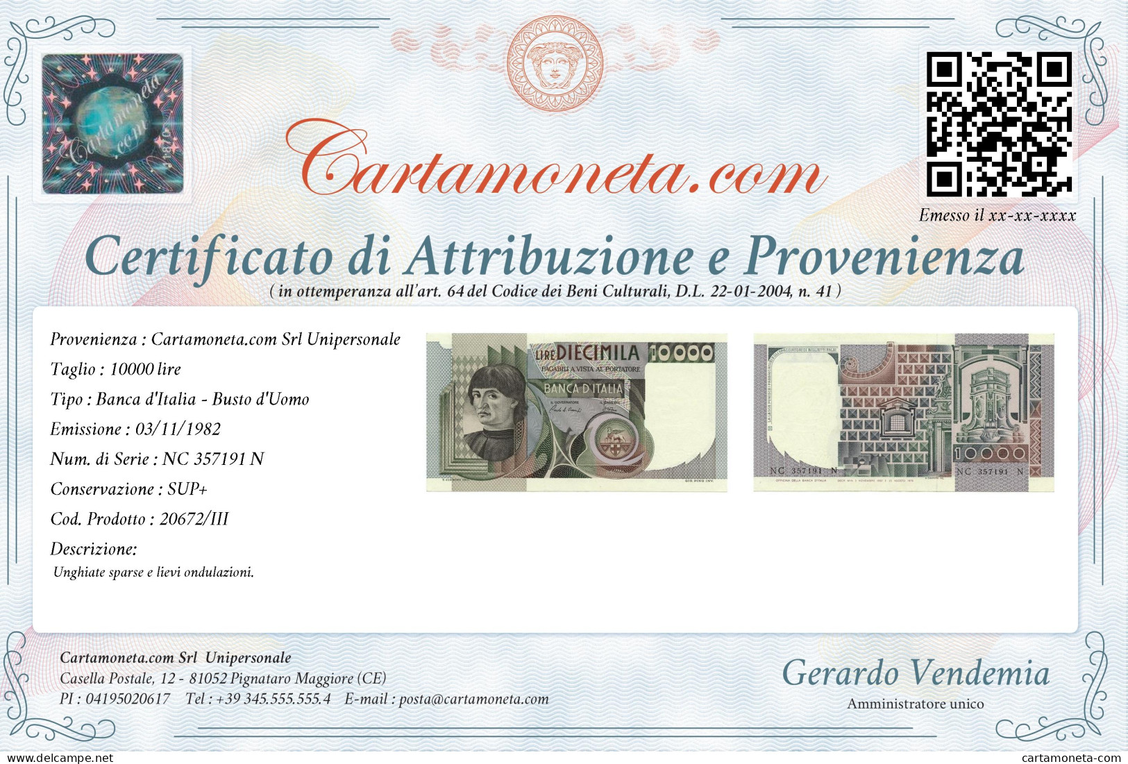 10000 LIRE RITRATTO D'UOMO A MEZZOBUSTO ANDREA DEL CASTAGNO 03/11/1982 SUP+ - Altri & Non Classificati