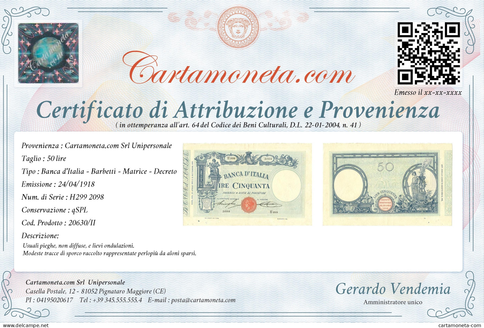 50 LIRE BARBETTI GRANDE L MATRICE LATERALE TESTINA DECRETO 24/04/1918 QSPL - Regno D'Italia – Autres