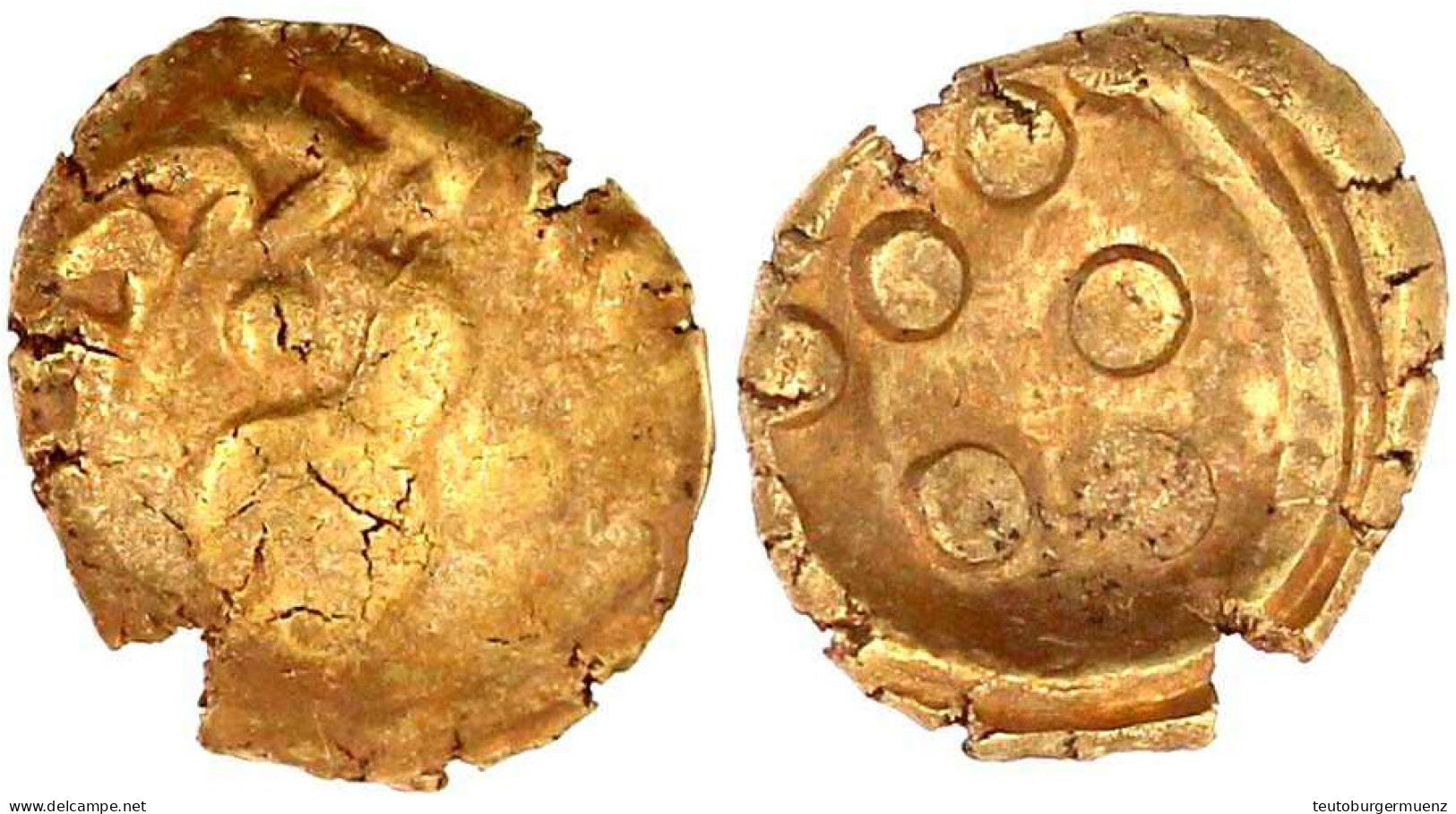 Stater "Regenbogenschüsselchen", 1. Jh. V. Chr. Typ Vogelkopf Im Kranz/Torques Um 6 Als Dreieck Angeordnete Kugeln. 7,49 - Gauloises