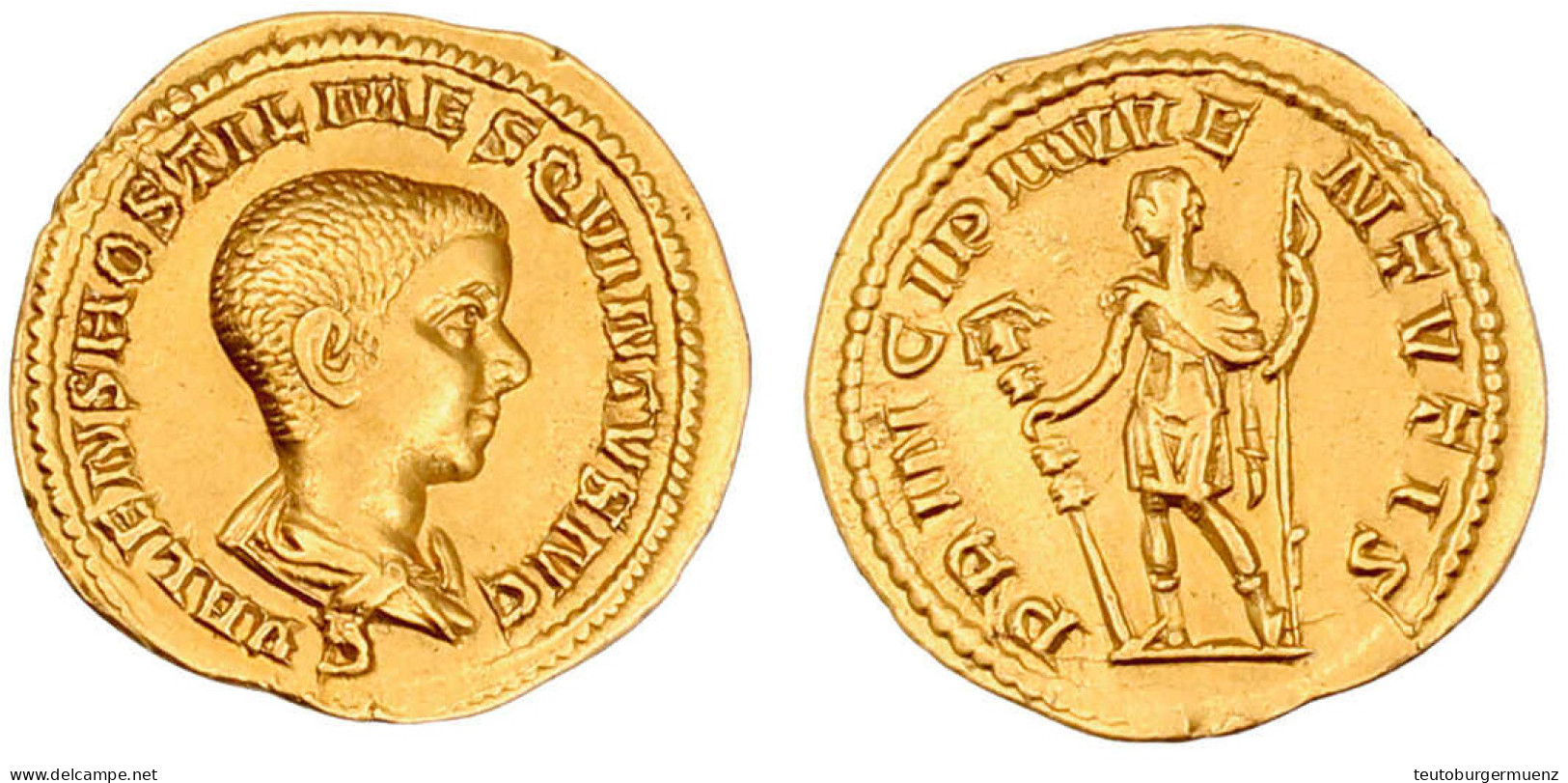 Aureus 251. Drap. Brb. R./PRINCIPI IVVENTVTIS. Hostilian Steht L., Hält Standarte Und Speer. 4,24 G. Fast Vorzüglich, Se - Altri & Non Classificati