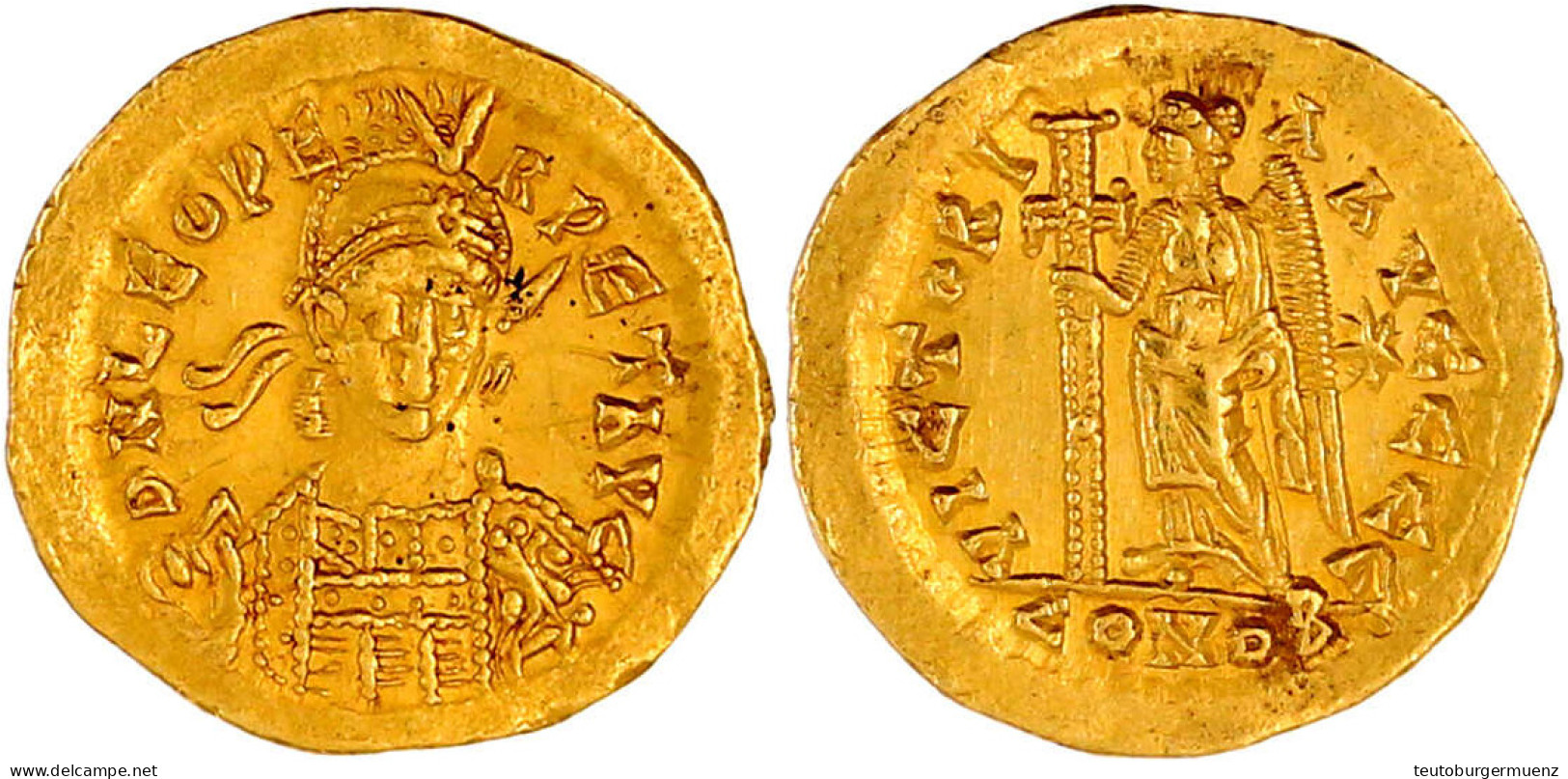 Solidus 457/474 Constantinopel, 5. Offizin. Brb. V.v. Mit Helm/VICTORIA AVGGG E CONOB. Victoria Steht L., Hält Langkreuz - Other & Unclassified