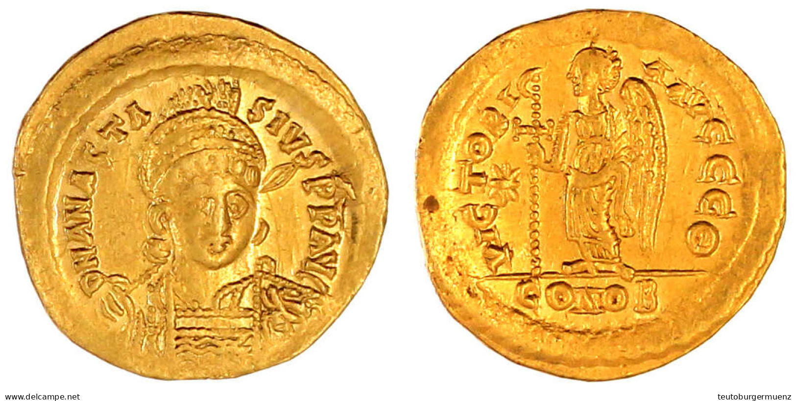 Solidus 507/518, Constantinopel, 9. Off. Beh. Brb. V.v. Mit Geschultertem Speer/ VICTORIA AVGGG θ CONOB. Victoria Steht  - Byzantium