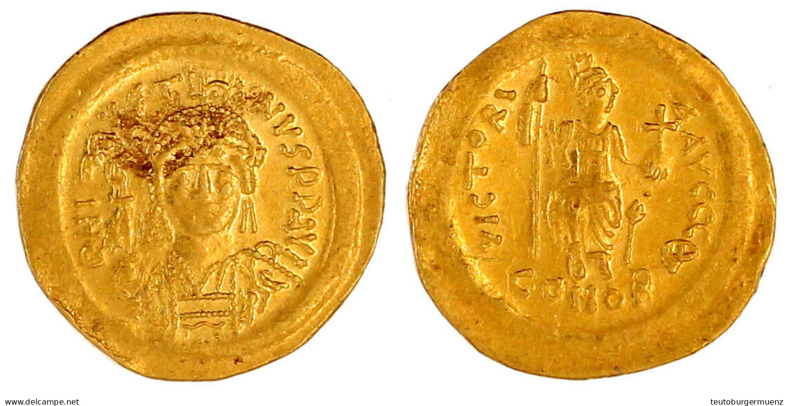 Solidus 565/578. Constantinopel, 9. Offizin. 4,37 G. Sehr Schön/vorzüglich, Winz. Schrötlingsfehler Exemplar Via Numisma - Byzantinische Münzen