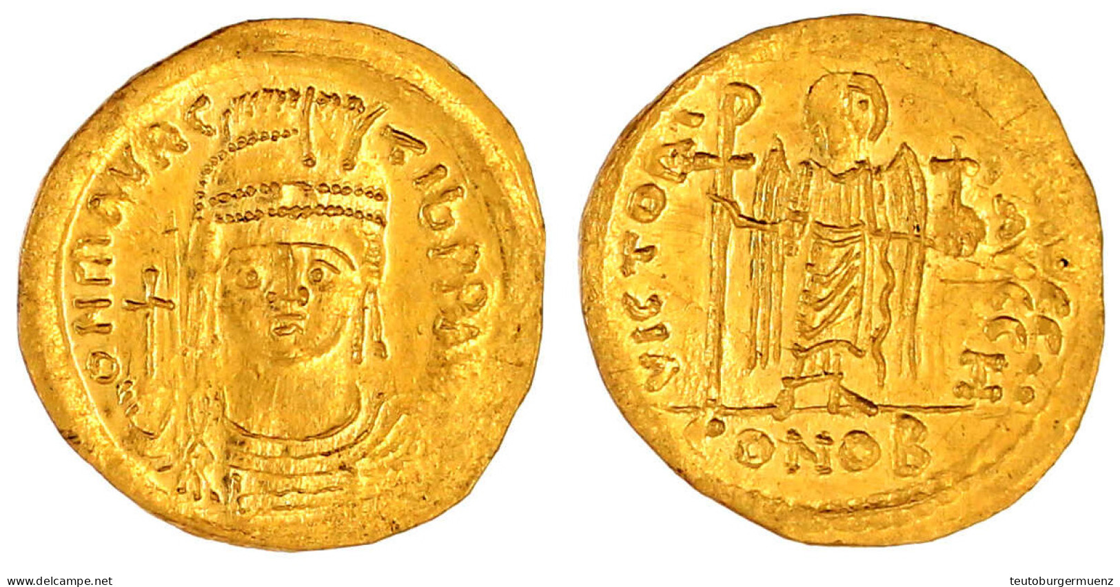 Solidus 582/602, Constantinopel, 8. Off. Büste Mit Kreuzglobus V.v./VICTOR AVGG H. Victoria Steht V.v. Mit Christogramms - Byzantium