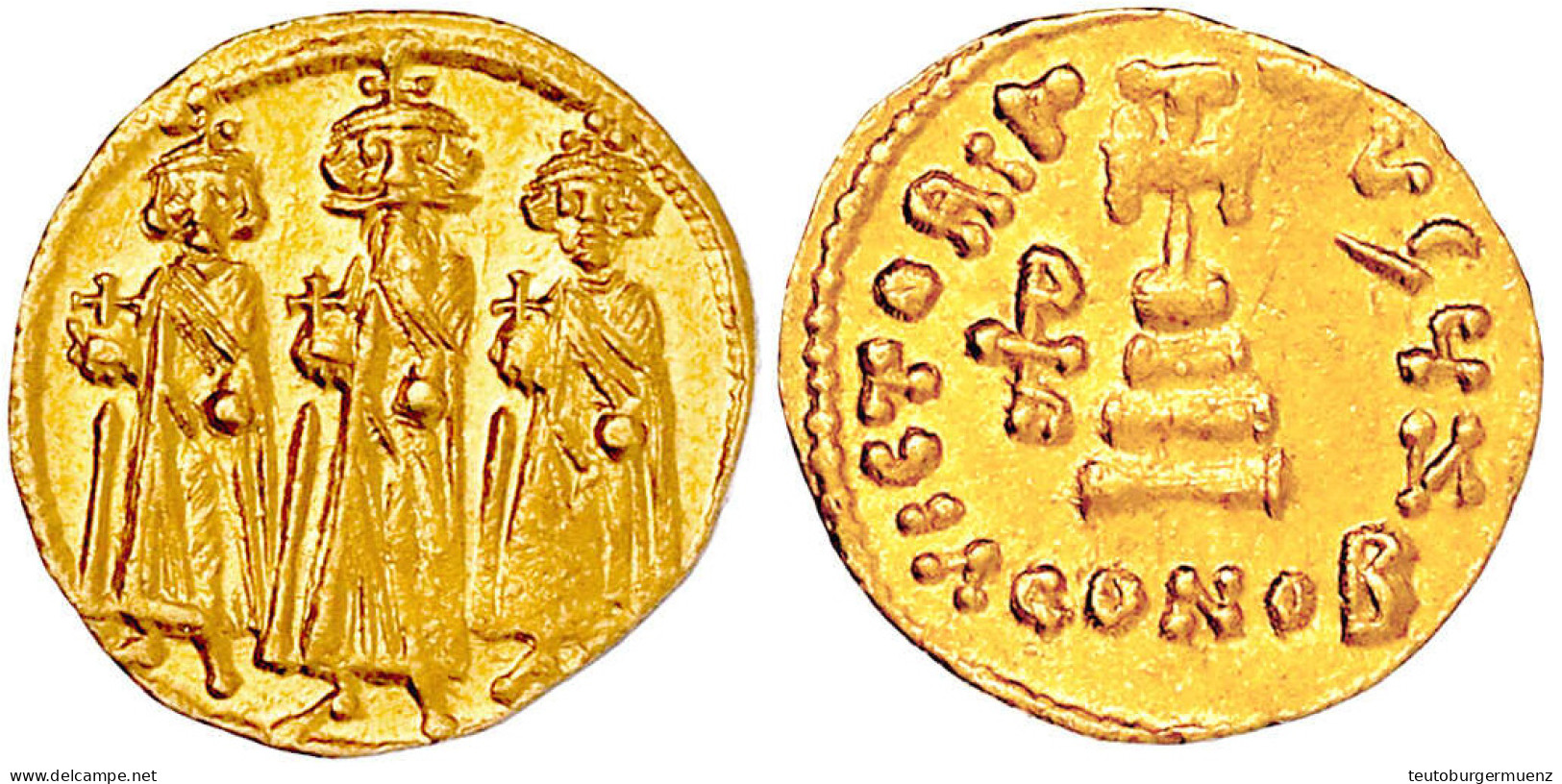 Solidus 639/641, Constantinopel, 7. Offizin, 1. Indiktion. Heraclius, Heraclius Constantin Und Heraclonas Stehen Nebenei - Byzantinische Münzen