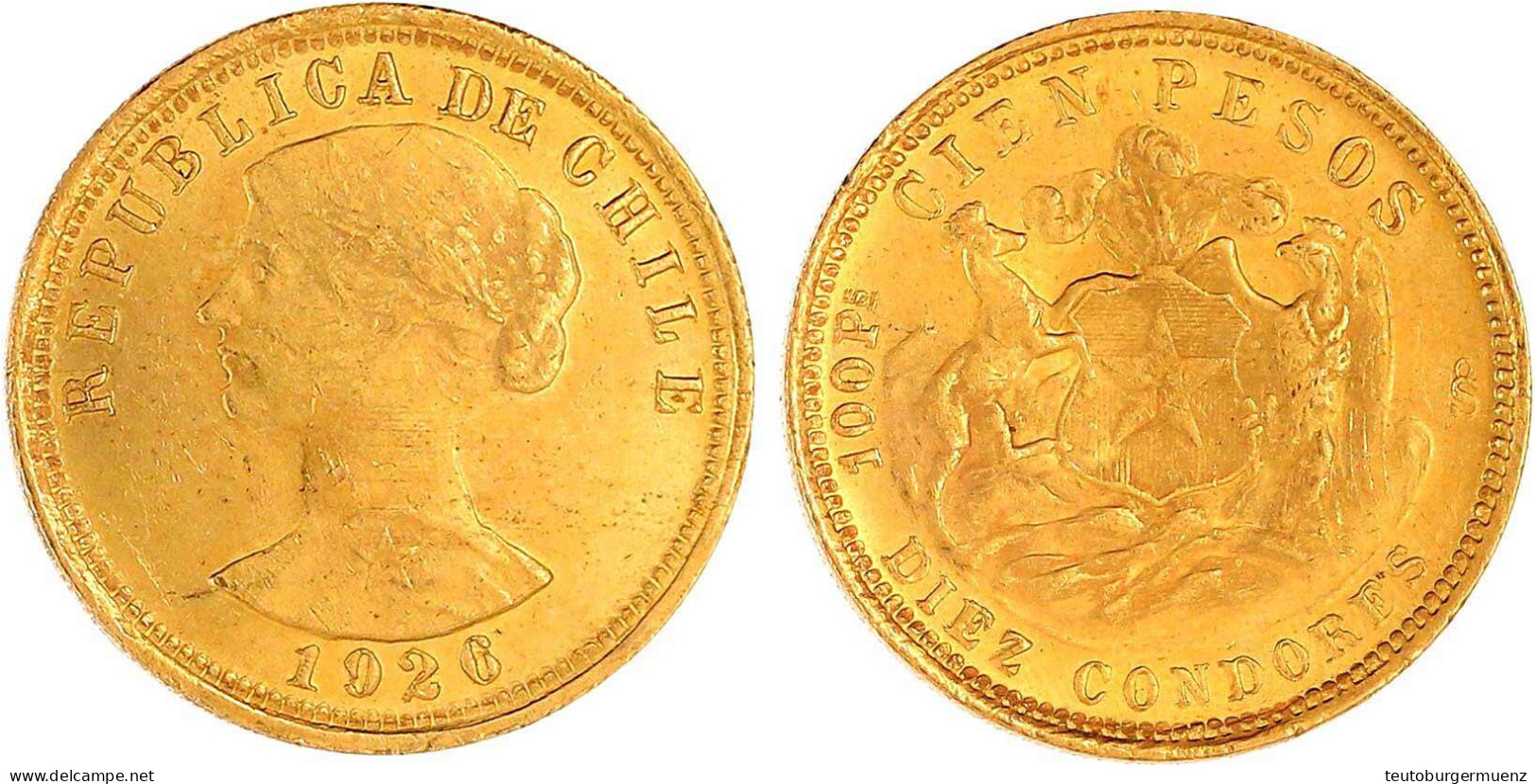100 Pesos 1926. 20,34 G. 900/1000. Vorzüglich, Kl. Randfehler. Krause/Mishler 170. - Chili