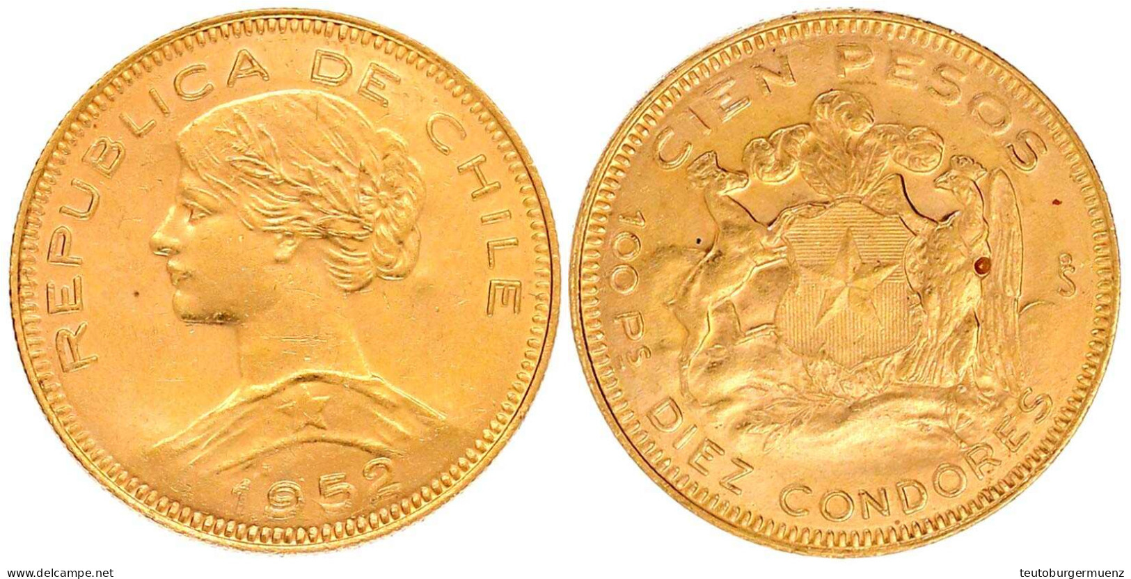100 Pesos 1952. 20,34 G. 900/1000. Gutes Vorzüglich. Krause/Mishler 175. - Chili