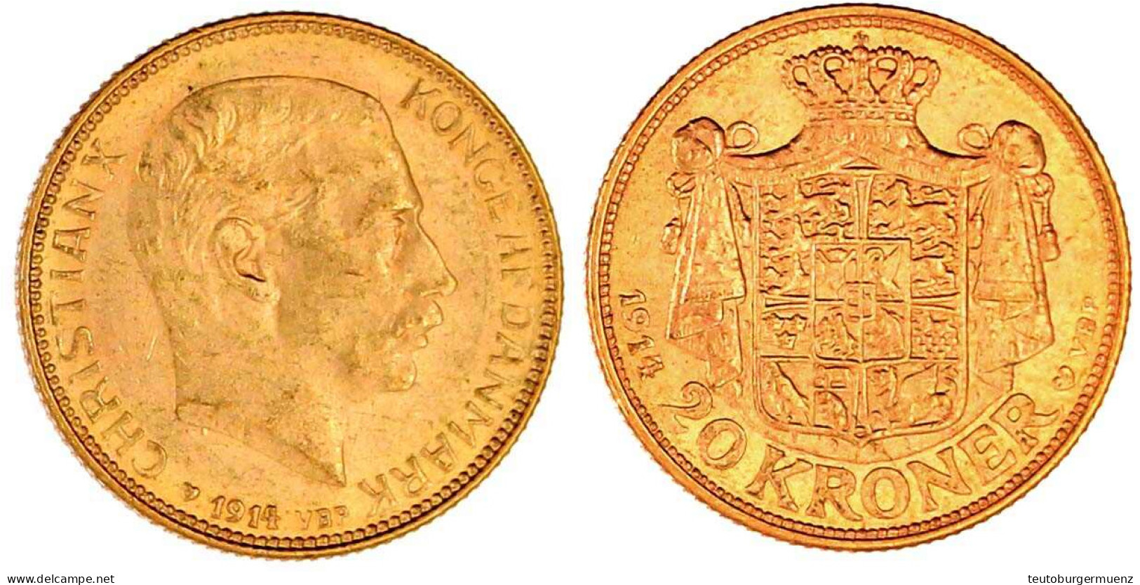 20 Kronen 1914 VBP. 8,96 G. 900/1000. Vorzüglich. Hede 1A. Friedberg 299. - Danimarca