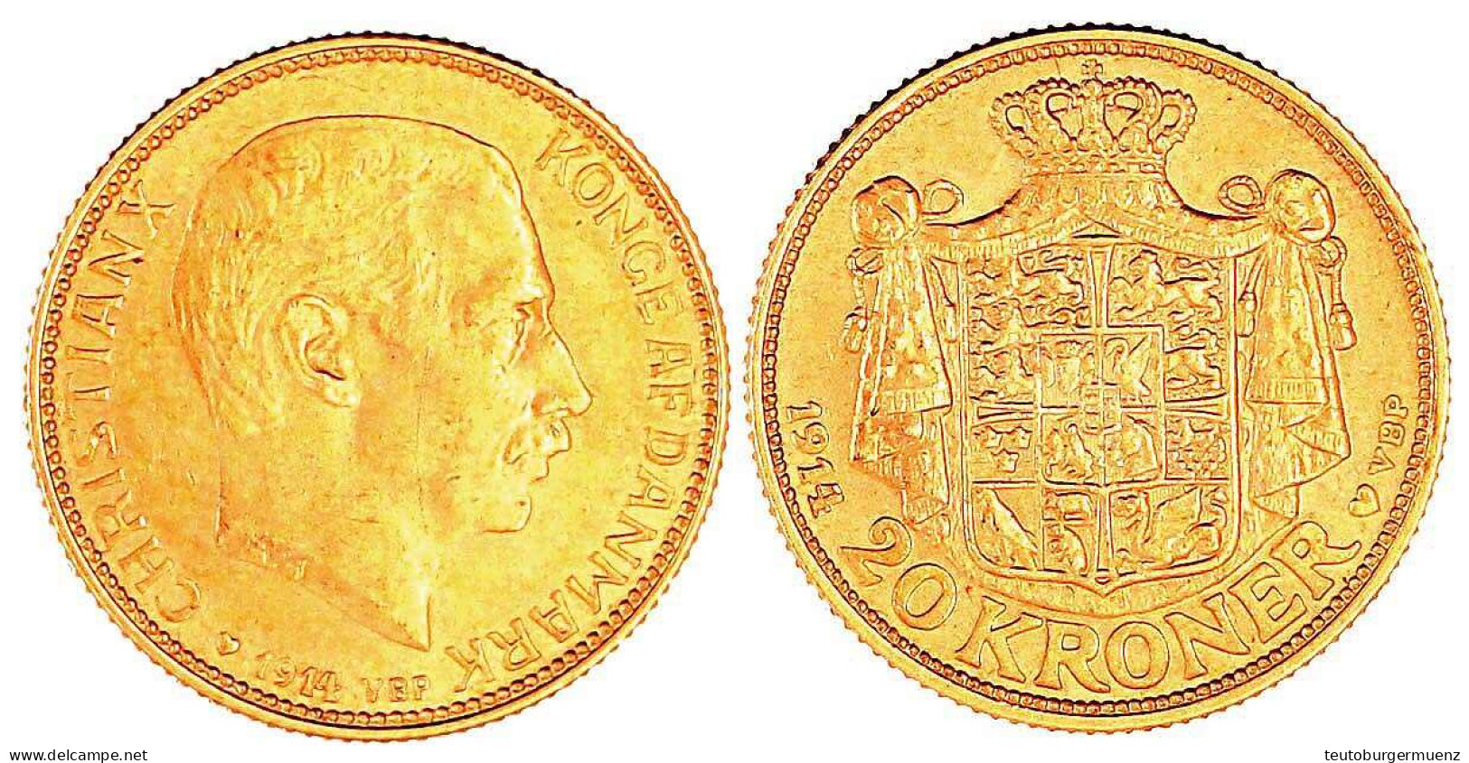 20 Kronen 1914 VBP. 8,96 G. 900/1000. Prägefrisch, Fast Stempelglanz. Hede 1A. Friedberg 299. - Denemarken