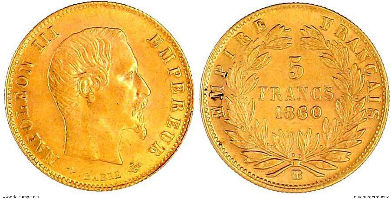 5 Francs 1860 BB, Straßburg. Jahreszahl Im Stempel Geändert Aus 1850. 1,61 G. 900/1000. Vorzüglich/Stempelglanz, Sehr Se - 5 Francs (gold)