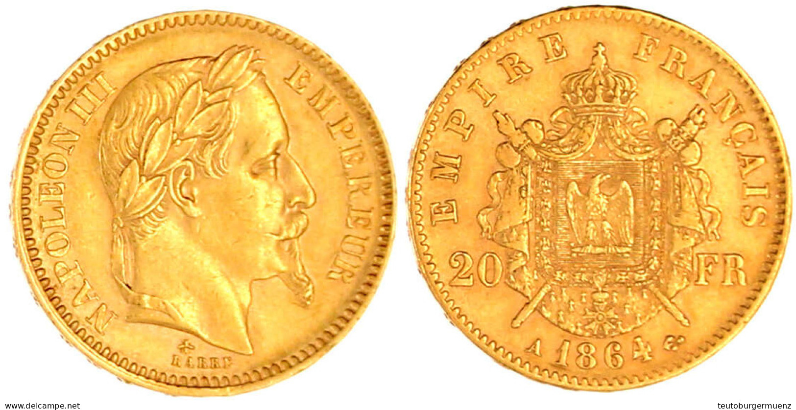 20 Francs 1864 A, Paris. 6,45 G. 900/1000. Vorzüglich. Krause/Mishler 781.1. Friedberg 573. - 20 Francs (gold)