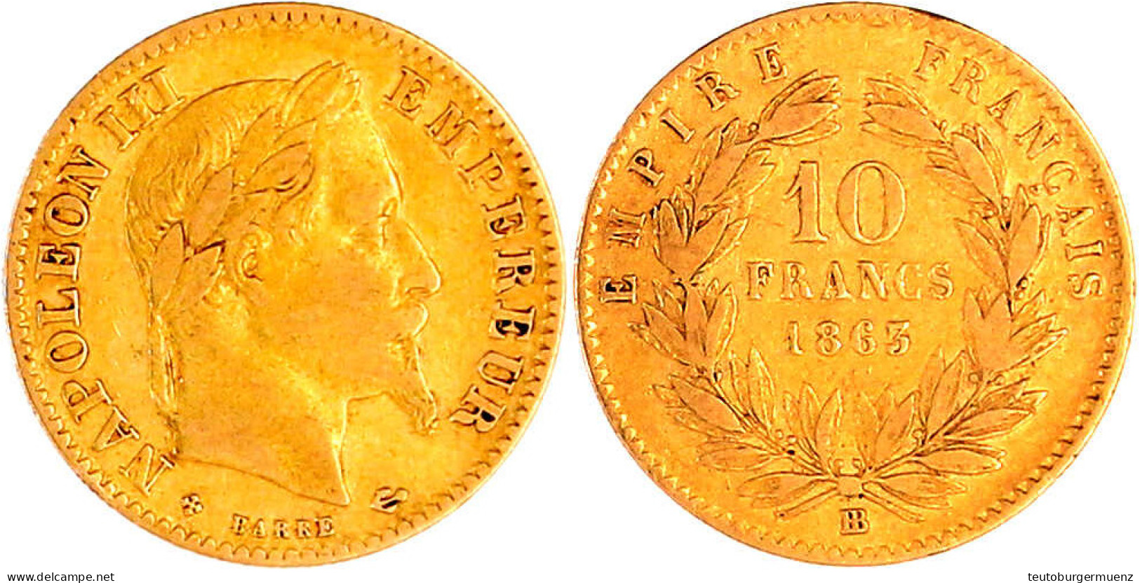 10 Francs Kopf Mit Lorbeerkranz 1865 BB, Straßburg. 3,23 G. 900/1000. Fast Sehr Schön, Kl. Randfehler. Gadoury 1015. - 10 Francs (gold)