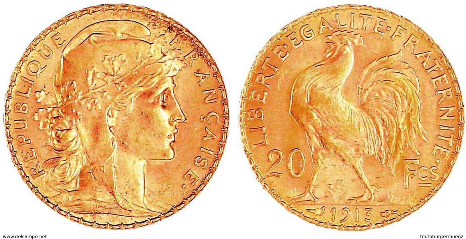 20 Francs Hahn 1913. 6,45 G. 900/1000. Fast Stempelglanz. Friedberg 596a. Krause/Mishler 857. - 20 Francs (gold)