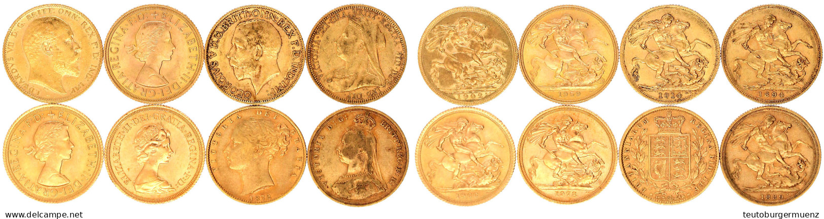 8 X Sovereign: Victoria 1872, 1889 Und 1894, Edward VII. 1902, George V. 1914, Elisabeth II. 1959, 1966 Und 1978. Je 7,9 - Andere & Zonder Classificatie