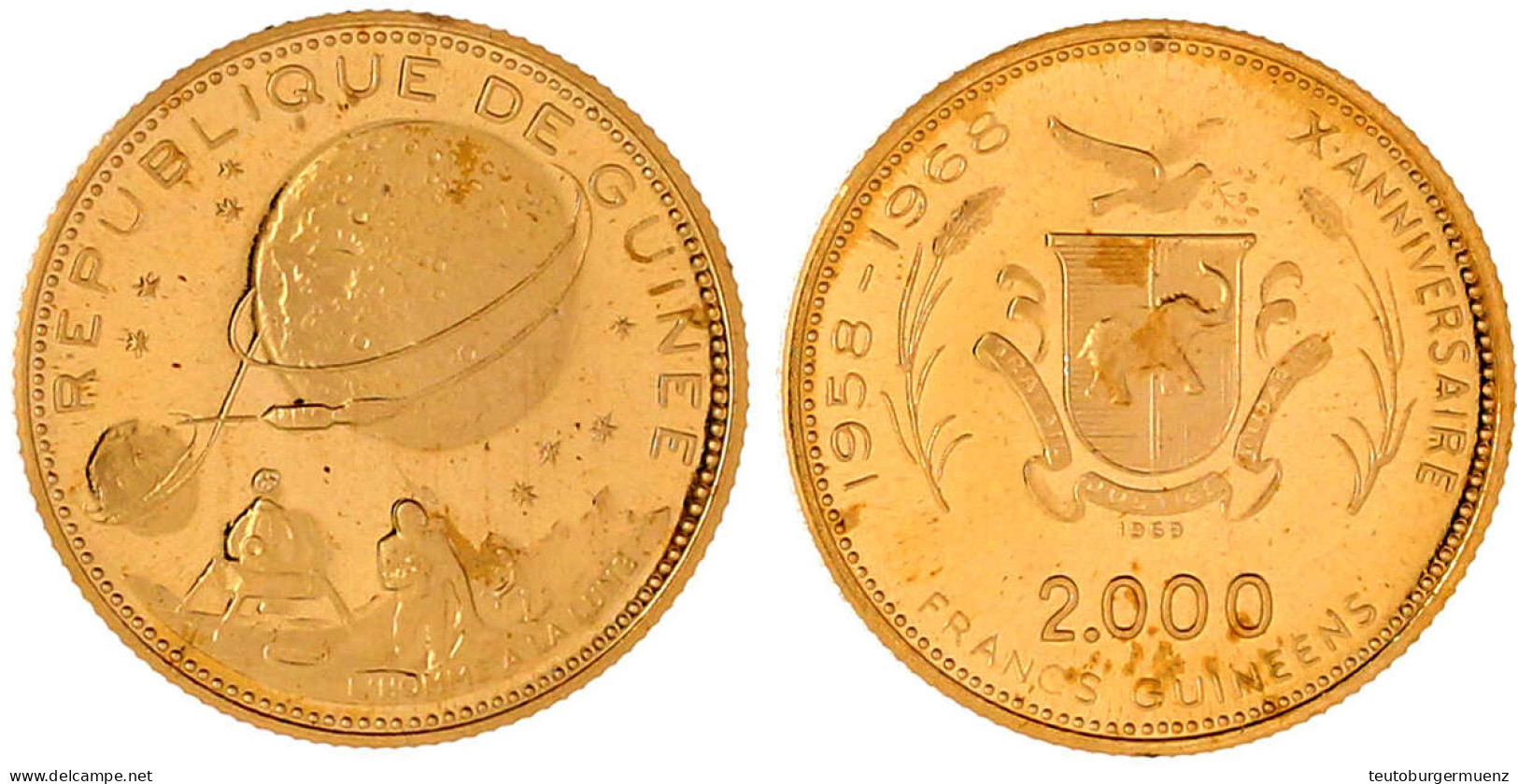 2000 Francs 1969, Mondlandung. 8,00 G. 900/1000. Polierte Platte. Krause/Mishler 18. - Guinée