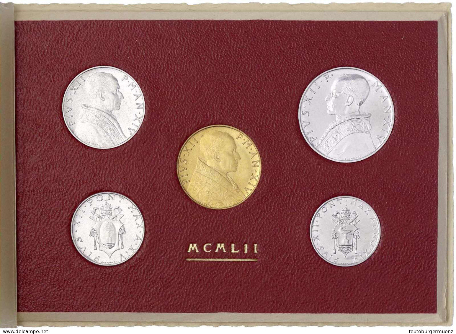 Münzsatz 1, 2, 5, 10 Lire, 100 Lire (Gold) AN XIV 1952, Caritas. 5,19 G. 900/1000. Im Originalblister Mit Gold-Aufdruck  - Autres & Non Classés