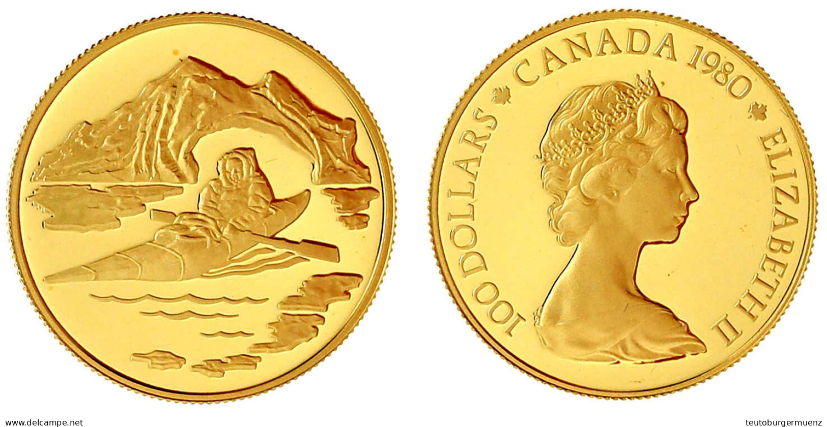 100 Dollars 1980, Inuit Im Kajak Vor Eisberg. 16,97 G. 917/1000. Im Originaletui Mit Zertifikat. Polierte Platte. Krause - Canada
