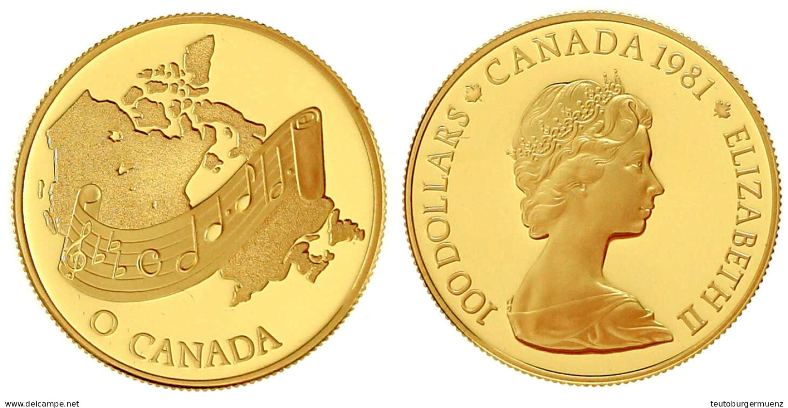 100 Dollars 1981, O Canada Als Nationalhymne Des Staatenbundes. 16,97 G. 917/1000. In Kapsel Mit Zertifikat. Polierte Pl - Canada