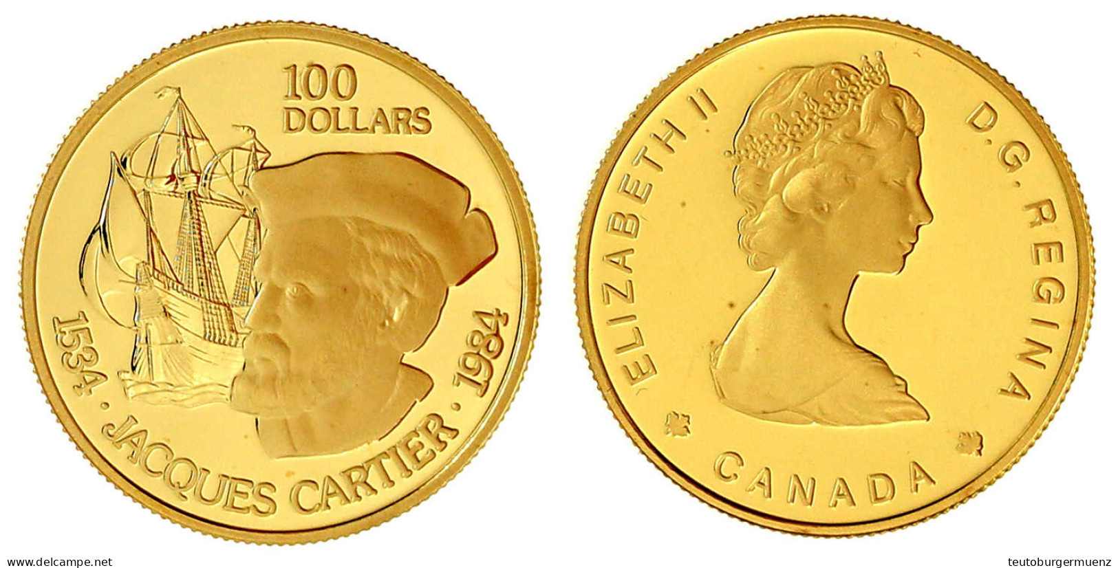 100 Dollars 1984, Jacques Cartier. 16,97 G. 917/1000. In Originaletui Mit Zertifikat. Polierte Platte. Krause/Mishler 14 - Canada