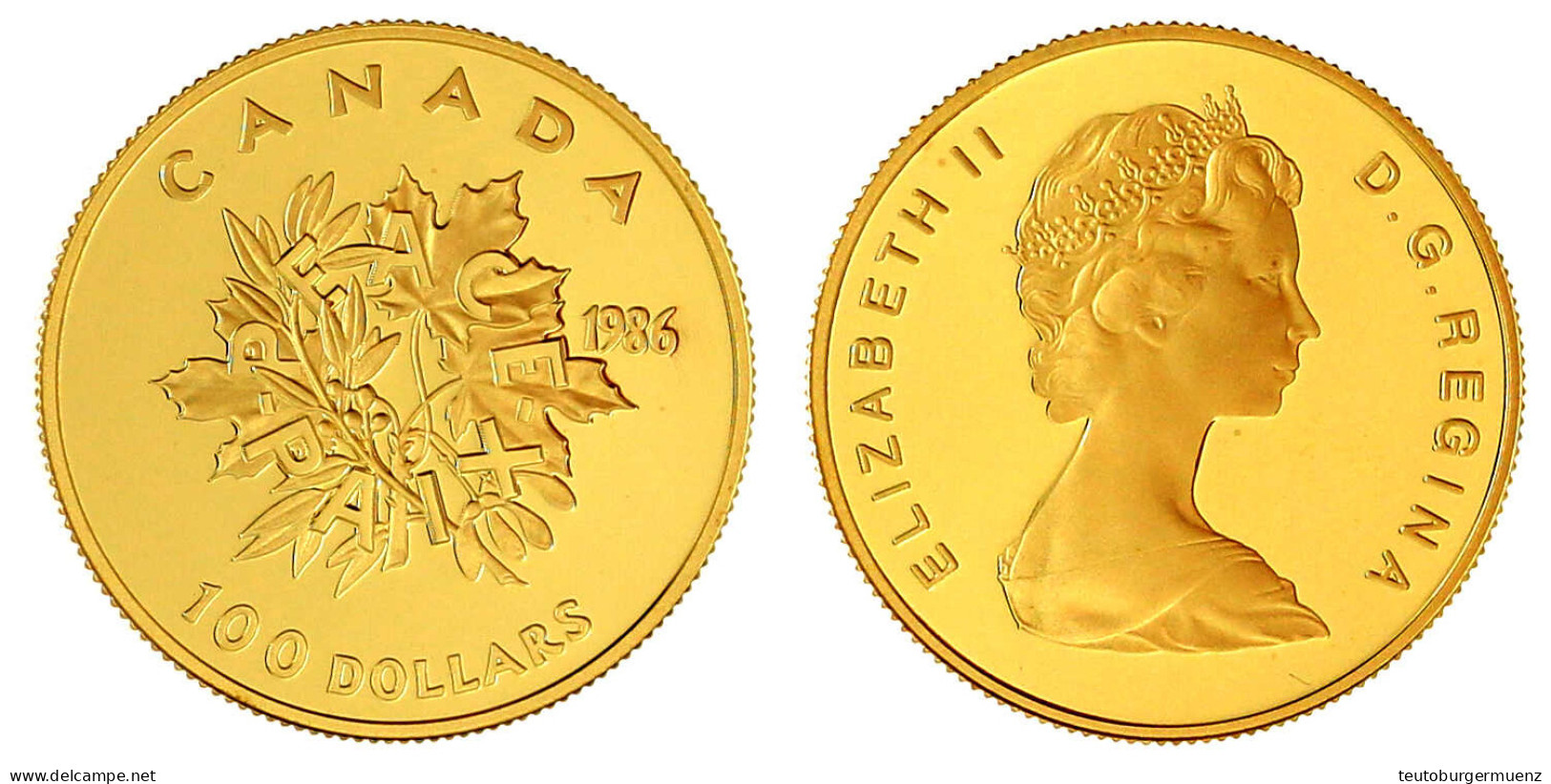 100 Dollars 1986, UN Internationales Jahr Des Friedens. 16,97 G. 917/1000. Im Originaletui Mit Zertifikat. Polierte Plat - Canada