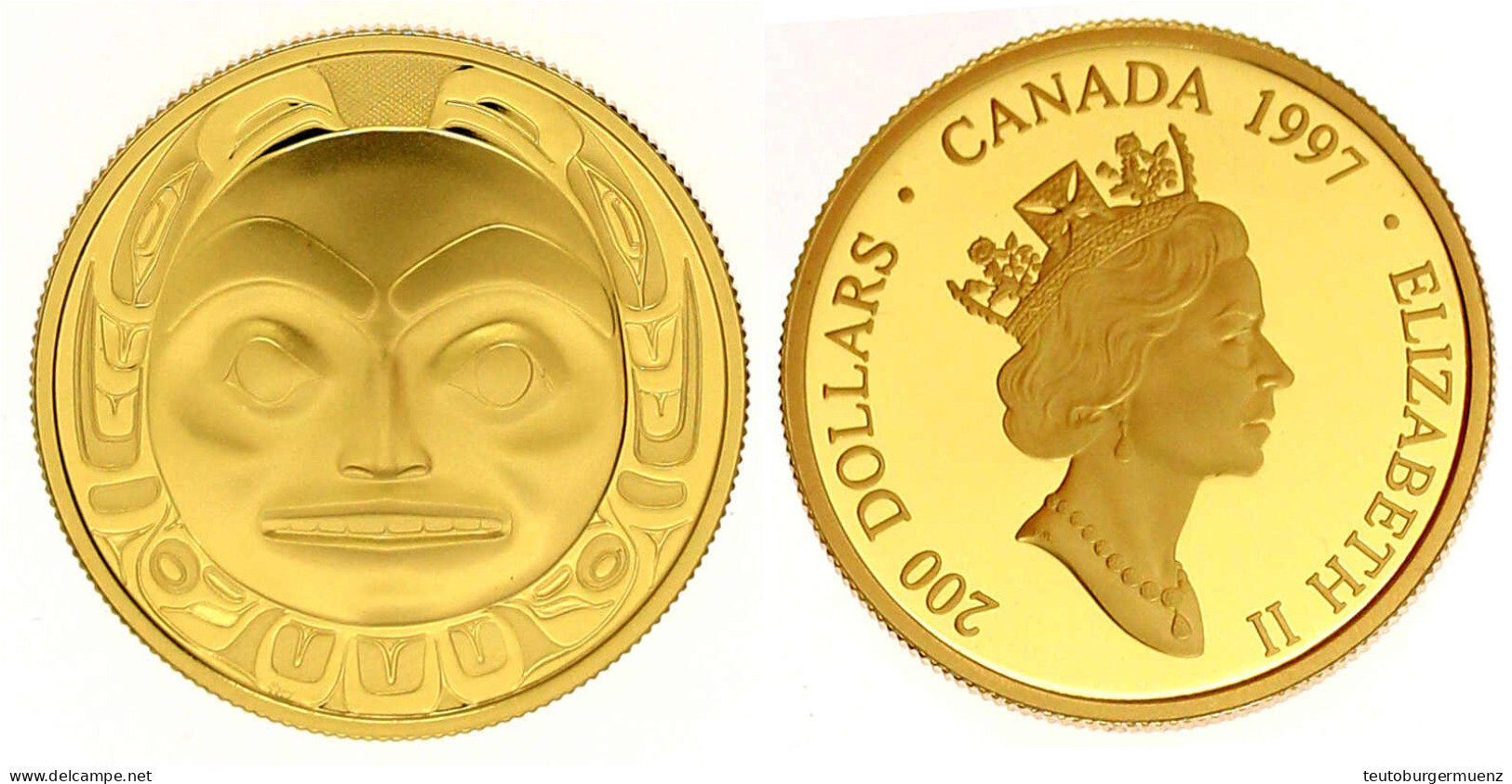 200 Dollars 1997. Haida-Maske. 17,135 G. 916/1000. In Kapsel. Polierte Platte. Krause/Mishler 288. Schön 291. - Canada