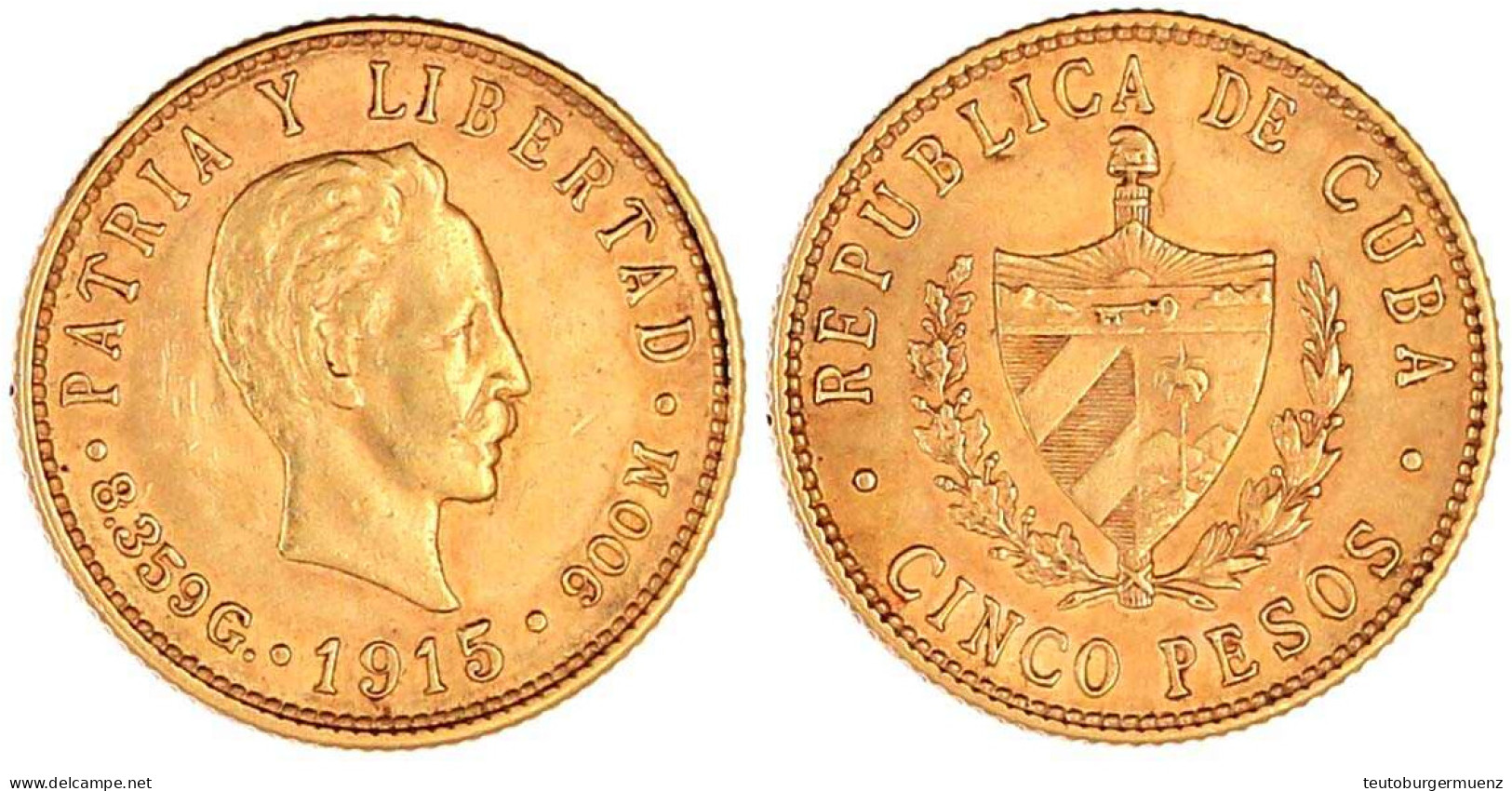 5 Pesos 1915. Kopf N.r./Wappen. 8,36 G. 900/1000. Fast Vorzüglich. Krause/Mishler 19. Friedberg 3. - Cuba
