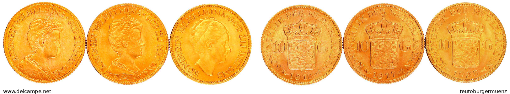 3 X 10 Gulden 1912, 1917 Und 1925, Je. 6,73 G. 900/1000. Alle Vorzüglich/Stempelglanz. Krause/Mishler 149 (2), 162. - Other & Unclassified